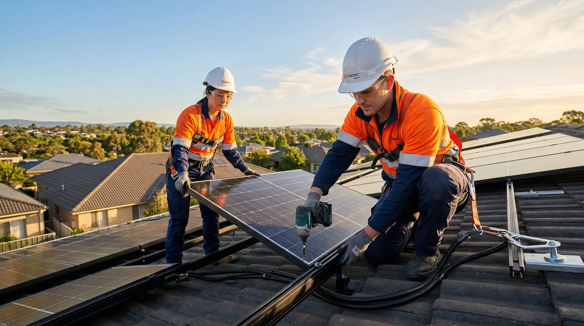 Xolartec Monteure installieren Photovoltaikanlage auf einem Dach